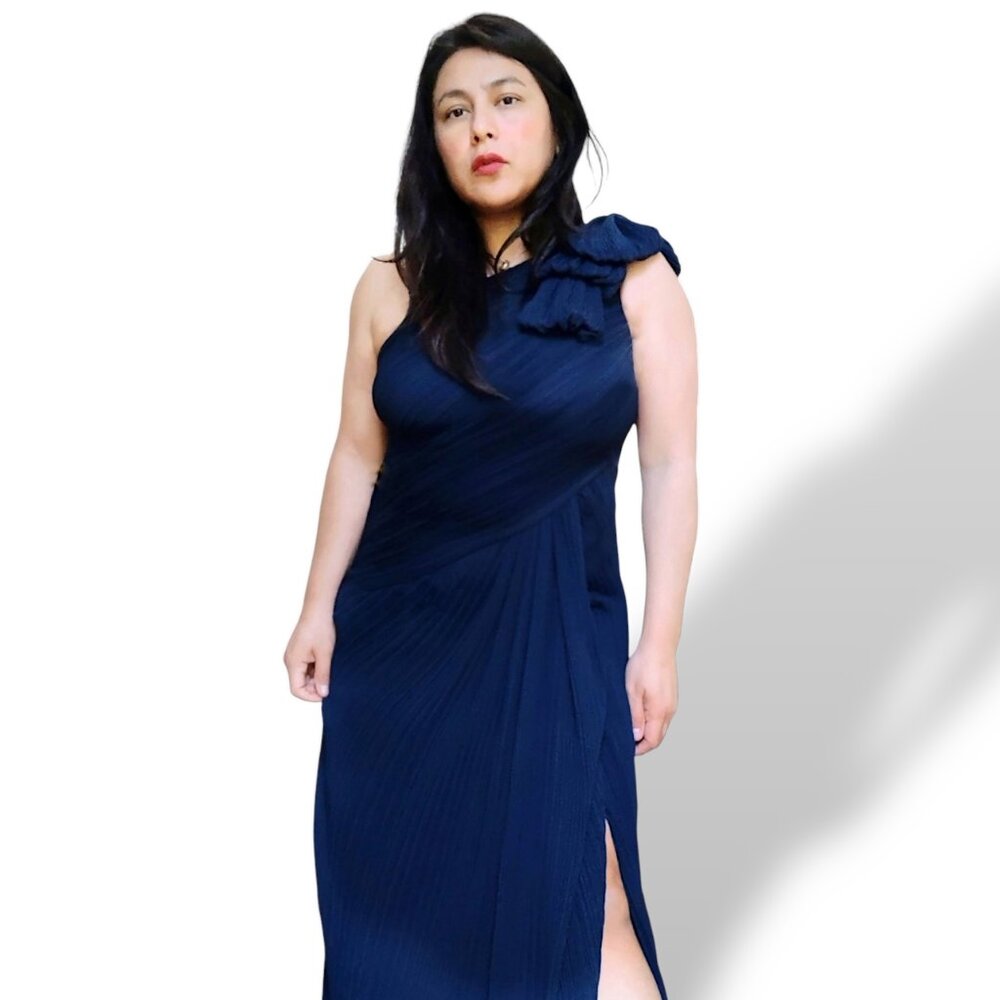 Tadashi Shoji navy blue pleated one shoulder with bow detail maxi gown women's 8